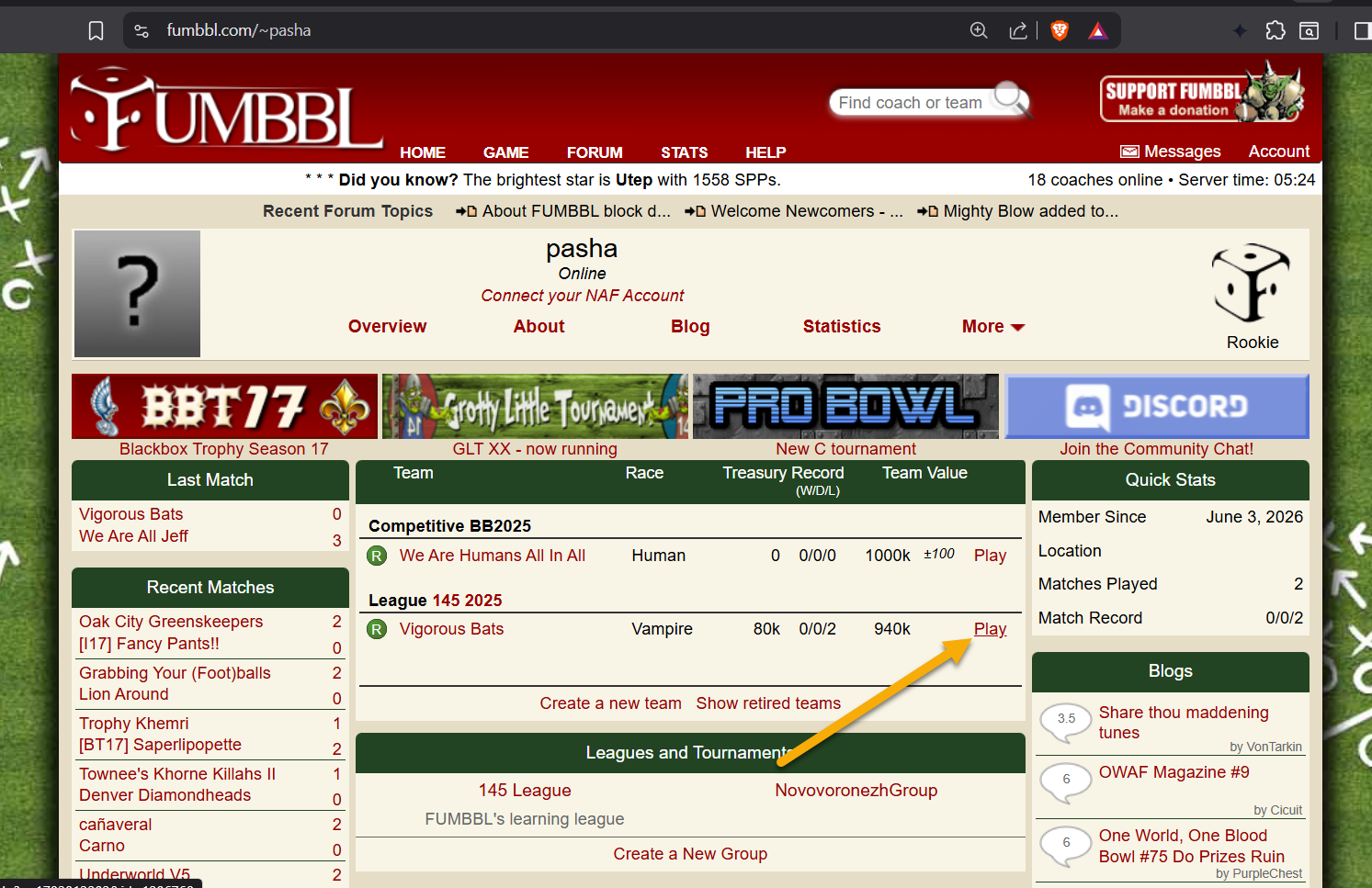 Screenshot von fumbbl.com Fenster zum Herunterladen der JNLP-Datei.