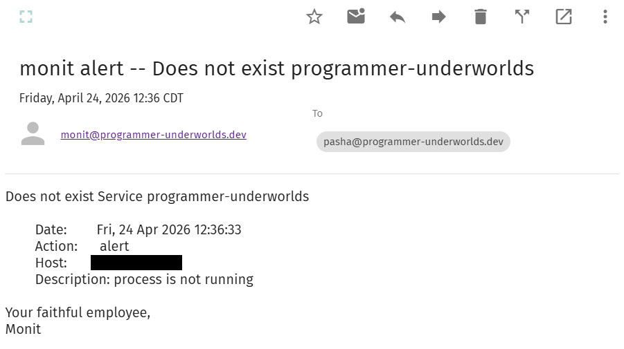 E-Mail von monit, dass der programmer-underworlds-Prozess beendet wurde.